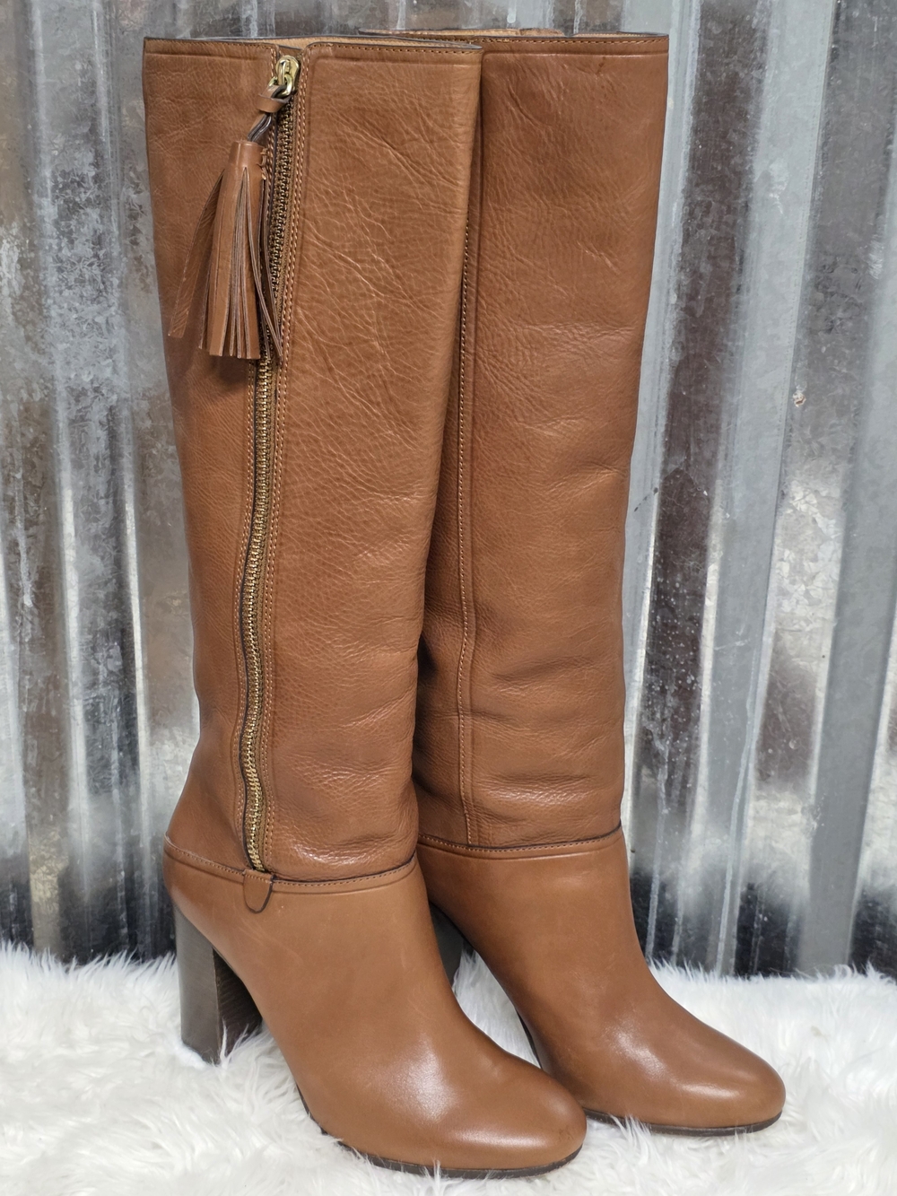 Coach Therese Tall Leather Tassel Zip Boots in Cinnamon Brown